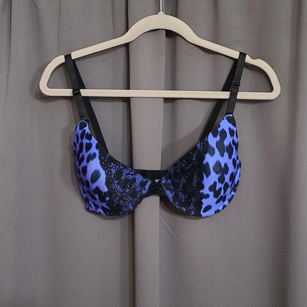 Smart & Sexy Womens‎ Bra Black/Blue Cheetah Lightly Padded Adjustable Sz 38C EUC